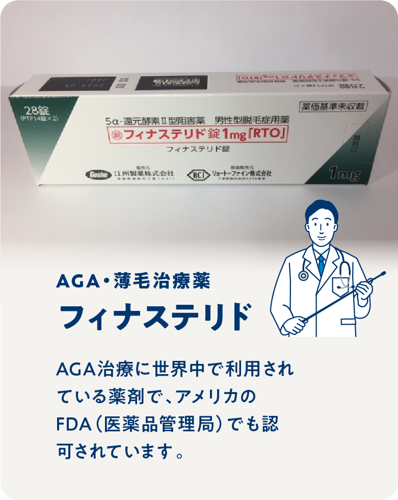 フィナステリド / AGA治療に世界中で利用されている薬剤で、アメリカのFDA（医薬品管理局）でも認可されています。